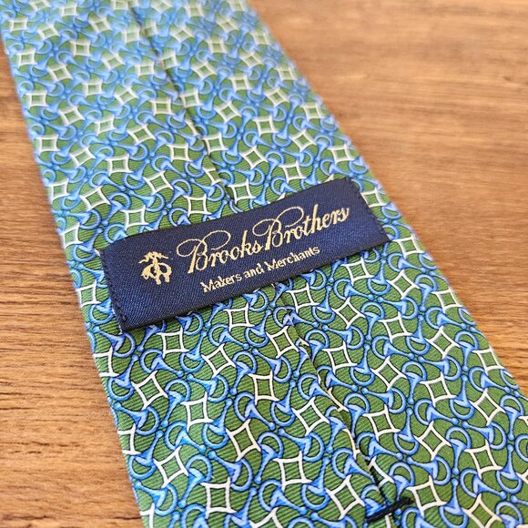 Brooks Brothers Silk Print Tie Horse Bit Green Blue Italy USA Preppy Equestrian - Picture 6 of 7